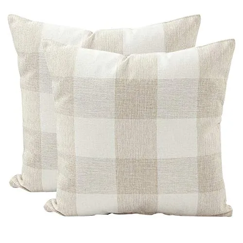 JOTOM Fodera per cuscino in lino,Fodere per Cuscini decorative per divano da casa,45 x 45 cm,set di 2 (A scacchi | Beige bianco)