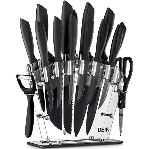 Deik Set Coltelli, Coltelli Cucina 16 Pezzi in Nero BO Oxide Acciaio Inossidabile - Antigraffio & Anticorrosivo, Ceppo Coltelli Professionali con Blocco in Acrilico, Coltelli da Cucina