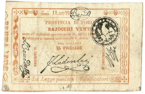Cartamoneta.com 20 BAJOCCHI Bono Provincia di FORLÌ Repubblica Romana 14/04/1849 BB/BB+
