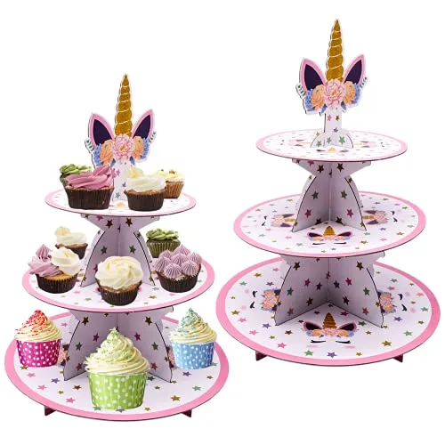 Alzata per Torta Cartone, Espositore per Cupcake Unicorno a 3 Piani per Festa di Compleanno, Matrimonio, Baby Shower