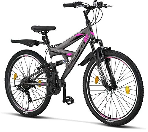 Licorne Bike Premium Mountain Bike Strong da 26 pollici, bicicletta per ragazzi, ragazze, donne e uomini, con cambio a 21 marce, sospensioni complete, antracite/rosa., 26 inches