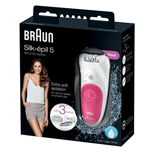 Braun Silk-épil 5 5-531 Wet & Dry Epilatore Senza Fili con 3 Accessori, pink, white