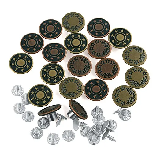 Naler 20pcs Pulsante Jeans, 17mm Sostituzione bottoni vintage in metallo con bottoni automatici, 2 Designs, Bronzo/Rame