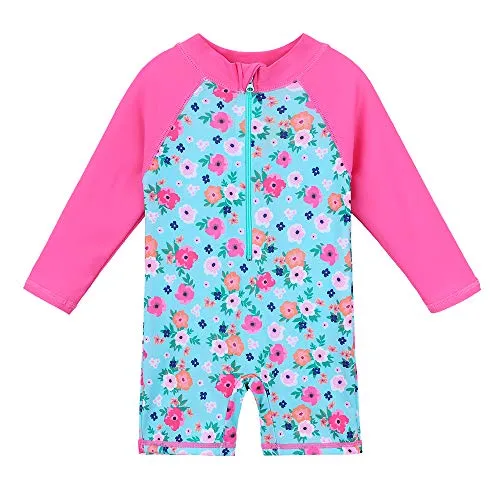 HUAANIUE Bambina Ragazzi Costumi da Bagno Manica Corta Un Pezzo Costume da Bagno Cerniera Lampo Protezione Solare Muta da Sub UPF 50+ Nuoto bagnarsi Blu 6M-4Anni