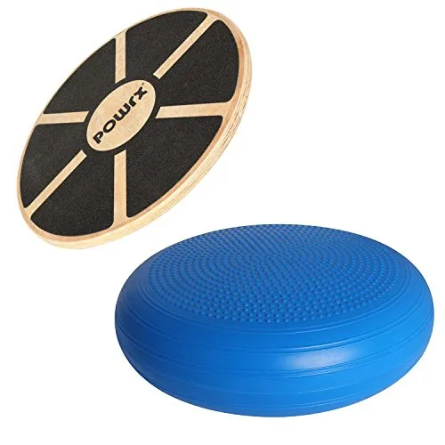 POWRX - Balance board in LEGNO (39 cm) + Cuscino equilibrio PVC FREE (50 cm / Blu)