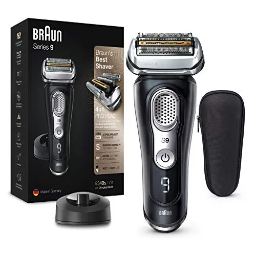 Braun Series 9 9340s Rasoio Elettrico Per Barba A Lamina, Ricaricabile E Senza Fili, Nero, Base Di Ricarica E Custodia Da Viaggio, Wet&Dry, Batteria Li-Ion Per 60 min Di Rasatura, 100% Impermeabile