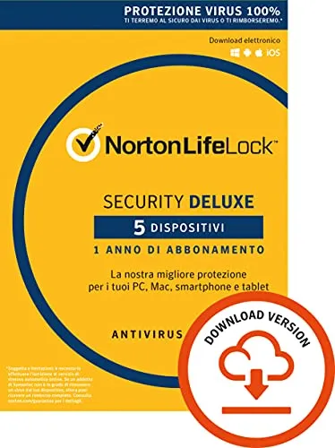 Norton Security Deluxe, Antivirus per 5 Dispositivi, Licenza di 1 anno, PC, Mac, tablet e smartphone, Codice d'attivazione via email