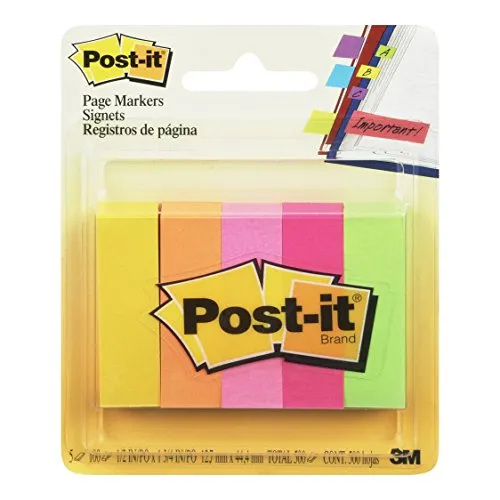 Post-it Index Segnapagina in Carta, Foglietti Adesivi Colorati, 5 Blocchetti da 100 Foglietti Adesivi, 500 Linguette Adesive, Colori Assortiti Verde, Fucsia, Arancio, Rosa, Giallo, Formato 15x50 mm