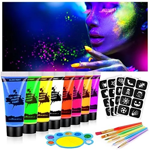 AOOWU Trucchi Neon, 8 Colori Trucchi Fluo Pittura di Corpo con Stencil e Pennelli, Color Body Paint UV Face Paint Kit Colori per Pancia, Set Truccabimbi per Halloween, Festa, Carnevale