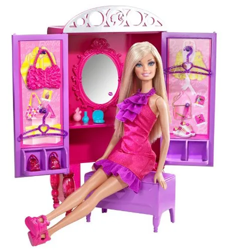 Barbie T7183 - Barbie, mobili: spogliatoio/armadio che diventa tavolo da toeletta, inclusi accessori e bambola