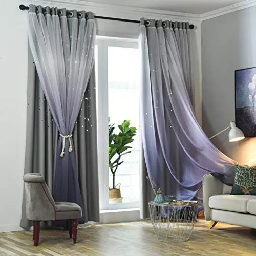 ZHAS Tende Voile Colore sfumato, Tende oscuranti Camera da Letto oscuranti Nordic Star Hollow Lace Tende-Grigio 1 Pannello L130 cm * P200 cm