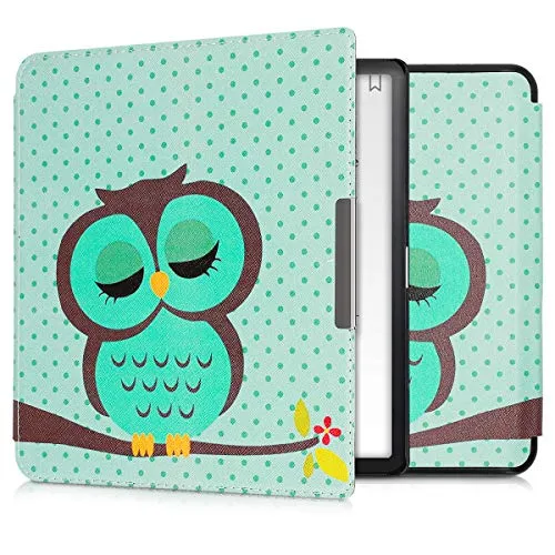 kwmobile Cover Compatibile con Kobo Forma - Custodia in Pelle PU - Flip Case per eReader - Civetta dormiente Turchese/Marrone/Menta