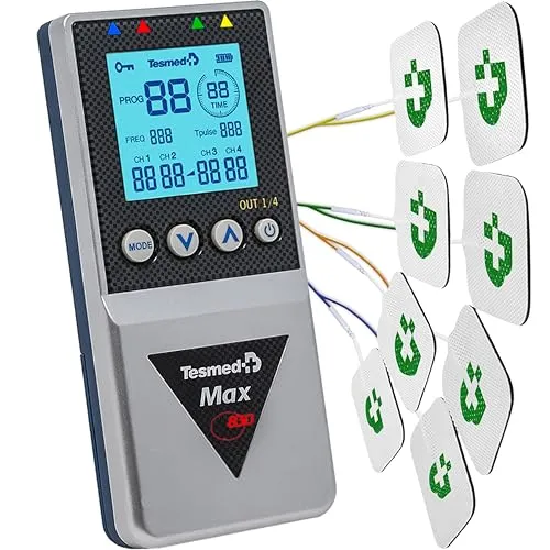 TESMED Max 830: Elettrostimolatore Muscolare Professionale Tens/EMS/Massaggio con Stimolazioni Sequenziali, 4 Canali, 115 Programmi di Cui 20 Personalizzabili, Ricaricabile, Inclusi 20 Elettrodi