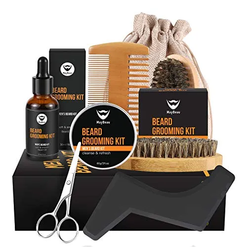 MayBeau Kit Barba Per Uomo,Set Completo Per La Cura della Barba Con Olio Barba, Balsamo Barba,Pettine,Spazzola,Forbici e Borsa di Tela,Regalo Perfetto Per Papà, Marito