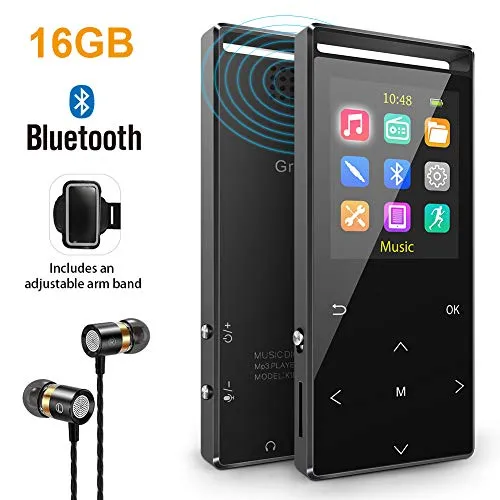 Lettore MP3 da 32 GB con Bluetooth, contapassi FM e fascia da braccio sportiva inclusa, ideale per jogging e fitness. 93mm×39mm×9.5mm 16 GB.