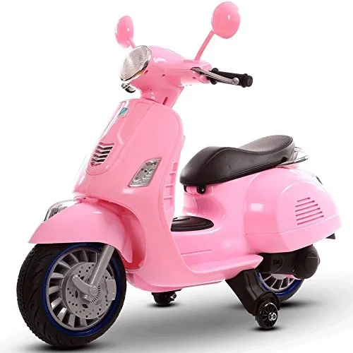 BAKAJI Scooter Elettrico Mini Moto con Rotelle per Bambini Vespa Happy 12V Doppia velocità Sella in Pelle Motorino Elettrico Bianco Controllo Manuale con Presa MP3 SD Card e Radio FM (Rosa)