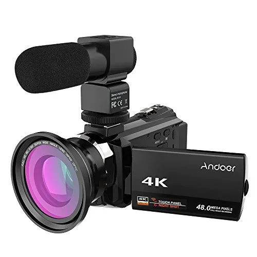 Andoer Videocamera 4K 48MP con microfono esterno, telecamera wifi con visione notturna, touchscreen da 3 pollici, zoom 16x,