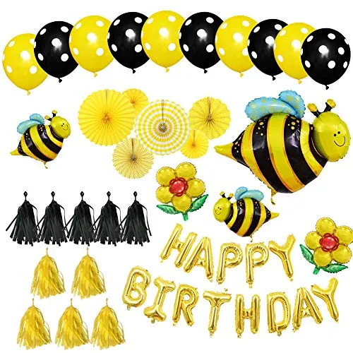 Honey Bee Themes decorazioni per feste di compleanno forniture - Happy Birthday,Bee and Flower Foil palloncini in lattice, nappa e ventagli di carta, set di decorazioni per feste per bambini