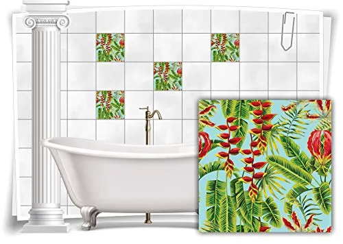 Medianlux - Adesivi per Piastrelle, Motivo Mosaico, Struttura in Piastrelle, Foglie Verdi e Rosse, per Bagno, Cucina, Stampa Digitale, 12 Pezzi, 15 x 15 cm