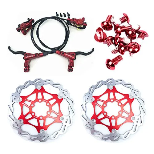 NYK Zoom, Set di freni a disco idraulici per mountain bike, anteriore e posteriore, con rotore disco flottante da 160 mm, viti di colore rosso