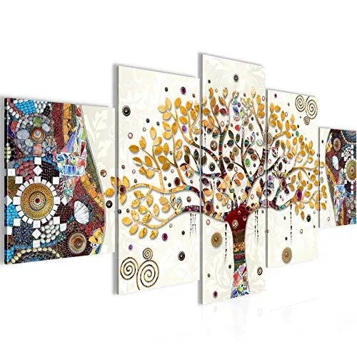 Runa Art - Quadri Gustav Klimt Albero Della Vita 200 x 100 cm 5 Pezzi XXL Decorazione Murale Design Colorato 004651a