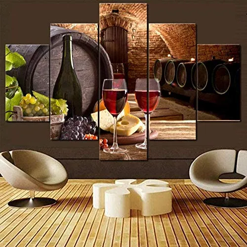Thznmg Stampa su Tela Immagini Moderni Murale Grafica 200X100 Cm/ 78.8"X 39.4"Quadro su Tela Bottiglia di Vino E Bicchieri di Vino con Botte in Legno Immagine per Soggiorno Multi Pannello Cantina Sta