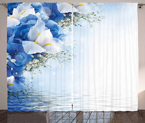 ABAKUHAUS Blu E Bianco Tenda, Ortensie Iris, Decorazione Interna Due Pannelli Set, 280 x 260 cm, Giallo Bianco