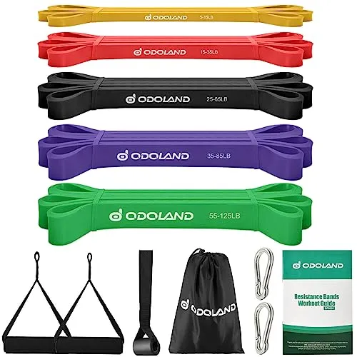 Odoland Bande Elastici Fitness Set, Bande Elastiche Resistenza Set 12 in 1 con 5 Livelli di Loop Bands, Maniglia, Gancio alla Porta, Moschettone, per Rafforzare la Forza Fitness a Casa