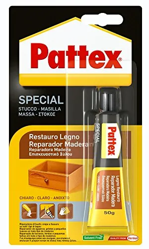 Pattex Special Restauro Legno Chiaro, Stucco Adesivo Forte ed Elastico, Per stuccatura di Fori o Ricostruzione di Parti mancanti di Legno, Carteggiabile, Verniciabile, Lucidabile, 50 g