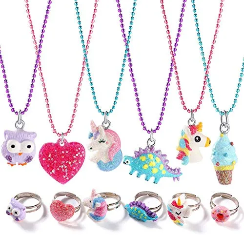 Tacobear 12 Pezzi Gioielli Bambina Collana Set Anelli Bambina Cuore Gufo Dinosauro Unicorno Collana Pendente Anelli Principessa Gioielli Regalo Festa Compleanno per Bambini