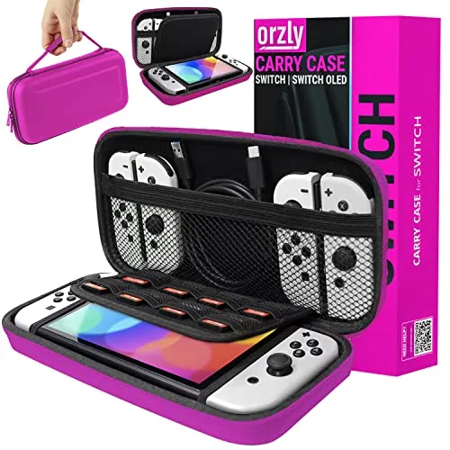 Orzly Custodia da Trasporto Compatibile con Nintendo Switch e New Switch Console OLED - Rosa Custodia Protettiva da Viaggio Portatile Rigida Custodia a Conchiglia con Tasche per Accessori e Giochi