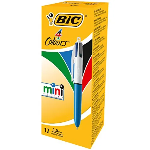 Bic4 Colours Mini Penna a Scatto, Punta Media 1,0 mm, Formato Pocket 4 Colori di Inchiostro in una Penna, Confezione da 12