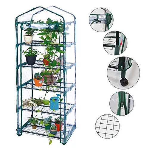 Worth Garden Scaffali a 5 Piani Portatili Mini Serra con Ruote Rimovibili Copertura in PVC Trasparente Serra per Piante Coltivazione di Fiori Tenda a Doppia Cerniera Rotolo Verso l'Alto