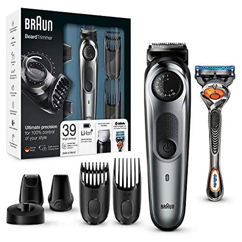 Braun BT7040 Regolabarba Uomo Elettrico, Tagliacapelli, Rifinitore di Precisione e Mini Rasoio a Lamina, Lame Affilate in Metallo, Rasoio Gillette Fusion5 ProGlide, Base di Ricarica, Nero/Grigio