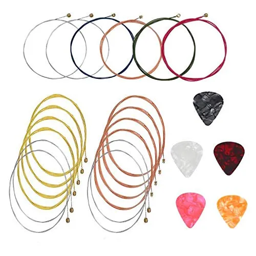 3 Set Corde per Chitarra Acustica in Acciaio di Ricambio (Oro, Ottone, Multicolore) con6Pezzi Plettri per Chitarra in Celluloide 3 Dimensioni per Artisti ad Principianti di Chitarra Acustica