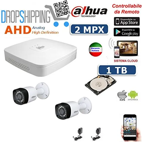 GENERAL TRADERS - KIT VIDEOSORVEGLIANZA AHD DAHUA TELECAMERE INFRAROSSI 2 MPX IP CLOUD DVR HD 1 TB