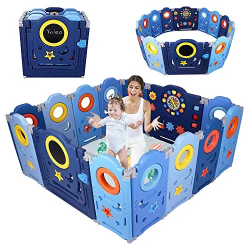 YOLEO Box Bambini, Recinto per Bambini Pieghevole, Box Neonato Protezione 14 Pannelli Barriera di Sicurezza con Pannello Giocattolo e pannello Orologio Blu