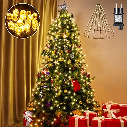 GlobaLink Luci albero di Natale, 2m 400 LEDs 10 fili Luci dell'albero di Natale con anello, 8 Modalità all'aperto impermeabile luci di Natale per decorazioni albero di Natale - Bianco Caldo
