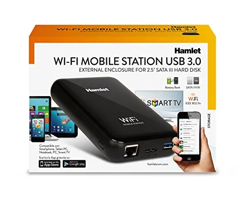 Hamlet HXD25WIFI - Box per Hard Disk Wi-Fi & USB 3.0 & LAN 10/100 + Battery Bank + Access Point Router. Accessibile Anche Tramite App Android e Apple
