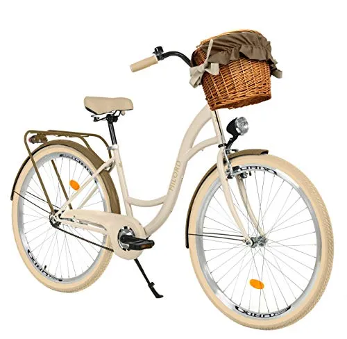 Milord. Bicicletta Comfort cremoso - Marrone a 3 velocità da 26 Pollici con cestello e Marsupio Posteriore, Bici Olandese, Bici da Donna, City Bike, retrò, Vintage
