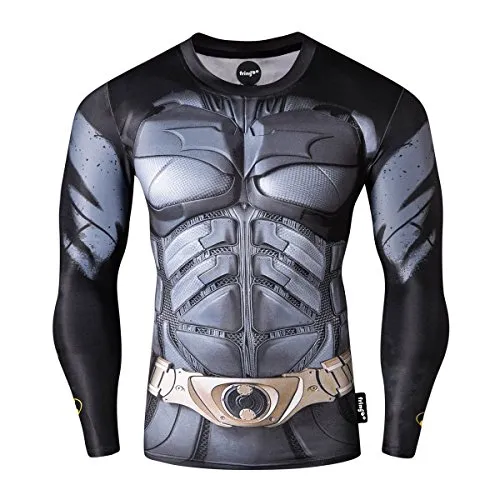 Fringoo® - Maglia intima tecnica a compressione da uomo, a maniche lunghe, per palestra, corsa, allenamento, motivo supereroe, Spiderman, Superman, Batman Batman. M