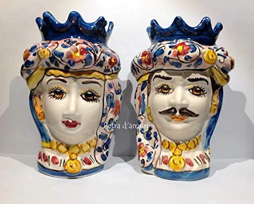 Petra d'amuri Coppia Teste di Moro Siciliane Hande Made in Ceramica di Caltagirone H 14 cm