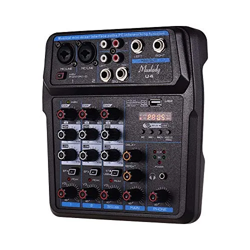 Muslady Mixer audio 4 canali BT USB Console di missaggio Portatile con scheda audio Alimentazione phantom 48V integrata Spina UE U4