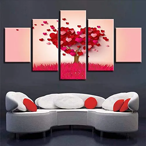 Wuwenw Decorazione Moderna Parete Quadro Hd Stampa 5 Pezzi Rosso A Forma Di Cuore Alberi Paesaggio Immagini Poster Modulare Canvas Dipinti Arte, 16X24 / 32 / 40Inch, Senza Cornice