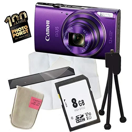 1A PHOTO PORST Anniversario Offerta Canon Ixus 285 HS Viola+SD 8 GB scheda di memoria+borsa+display pellicola protettiva+mini tripodo+microfibra panno