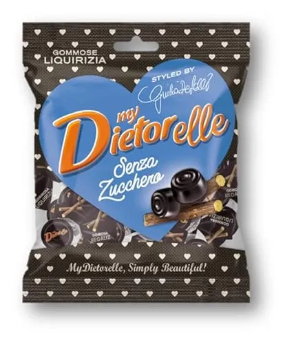 Dietorelle - Caramelle Gommose Vegan Liquirizia, Packaging Limited Edition Giulia de Lellis, Senza Zucchero, Senza Glutine, con Dolcificante Naturale - 70 gr