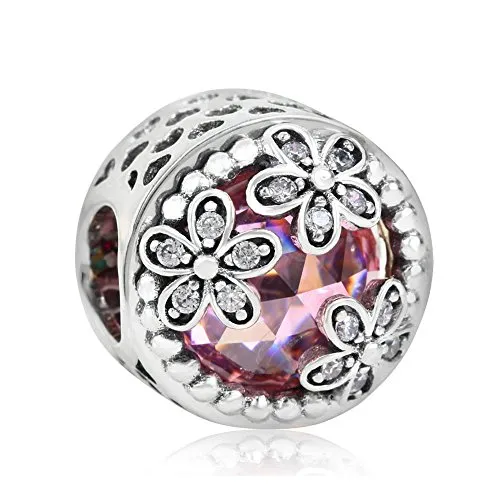 Ollia gioielli in argento Sterling 925, fiore con perline di cristallo rosa, (dimensioni: 10.5 * 11.6 mm) regalo per donne stile europeo braccialetti charm