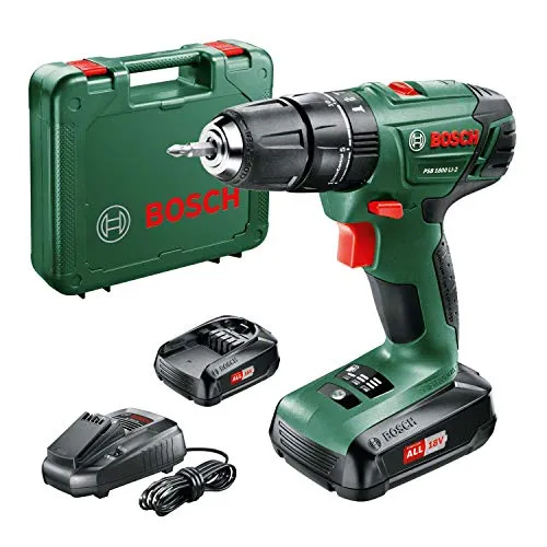 Bosch 0 603 9A3 301 PSB 1800 LI-2 Trapano Avvitatore con Percussione, Doppia Batteria a Ioni di Litio da 1.5 Ah, 18 V, Verde/Nero