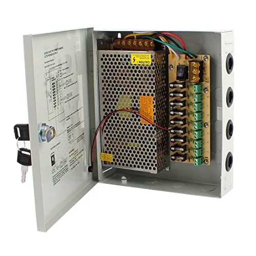 RPS - Alimentatore per telecamere di videosorveglianza a circuito chiuso (TVCC), 12 V DC, 5 A, 60 W, 9 canali + scatola in metallo e chiavi incluse