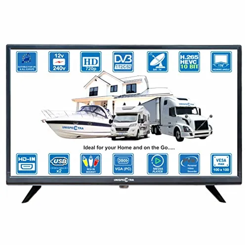 Unispectra ® TV 19 pollici 12V 220V tv portatile con digitale Terrestre H.265 e SAT. TV 12 Volt per camper, caravan, campeggio, camion, barca, tv piccola da cucina, televisore camera da letto